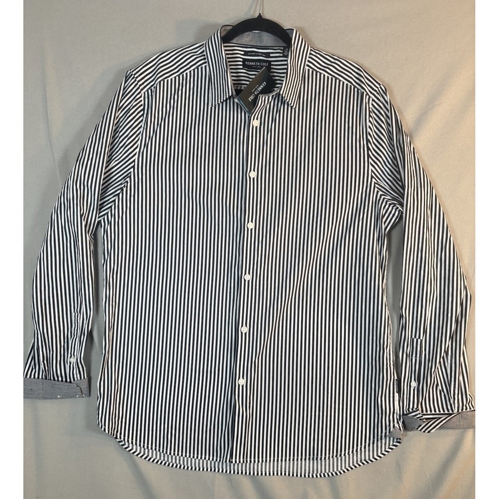 Kenneth Cole New York Dress Shirt L Long Sleeve Button Up Black White Stripe NWT